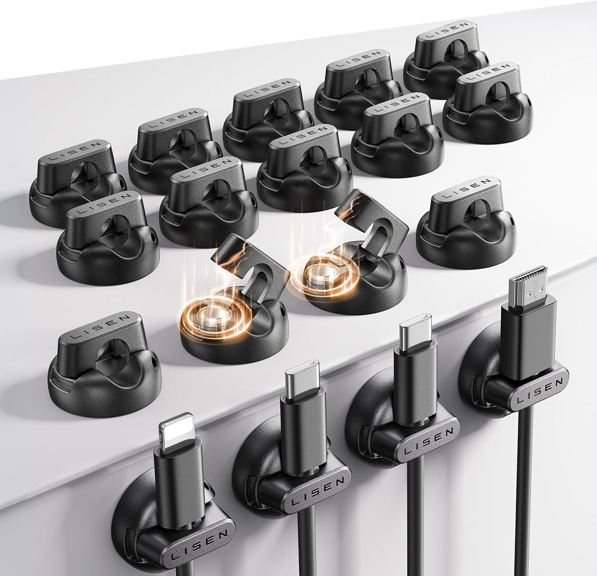 18-Pack Magnetic Cable Clips [1S Snap-On] Cord Holder, LISEN Office Desk Organizers and Accessories with 9 Extra Strong Adhesive Pads, Wire Organizer for Nightstand, Home, Wall, Car, Desktop