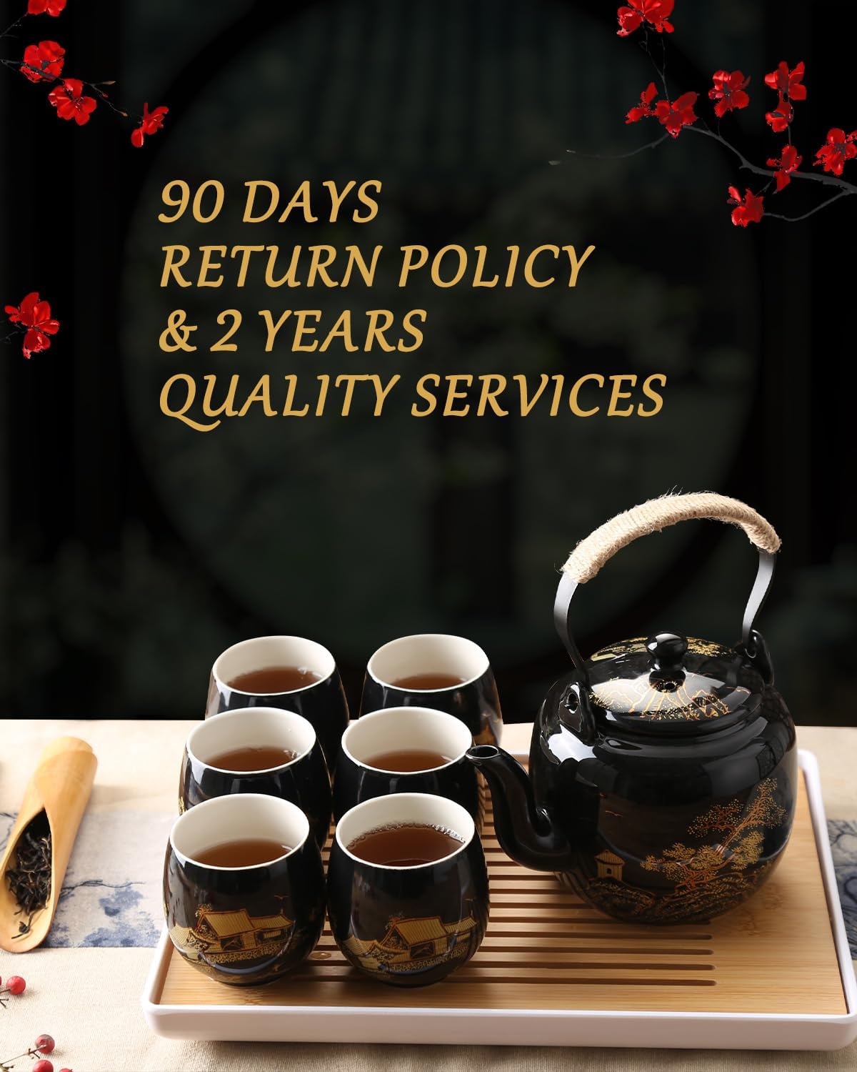 Dujust Japanese Tea Set, Black Porcelain Tea Set with 1 Teapot Set, 6 Tea Cups, 1 Tea Tray, 1 Stainless Infuser, Beautiful Asian Tea Sets for Adults, Tea Lover/Women/Men (Countryside in Golden)
