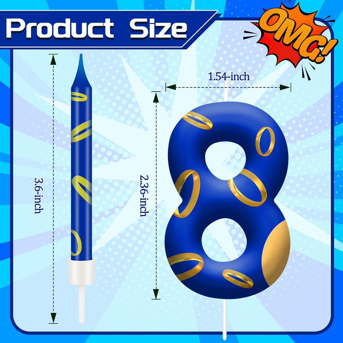13PCS Birthday Cake Candles Set - Blue and Golden Ring Number Candles with Vibrant Designs for Boys & Girls, Theme Birthday Party Decorations, Cake Toppers for Theme Parties(Number 8)