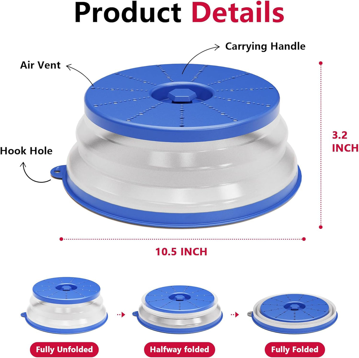 WVM Microwave Splatter Cover Vented for Food with Hook Hole, Splatter Guard & Colander Kitchen Gadget for Food, Meal Prep, Blue