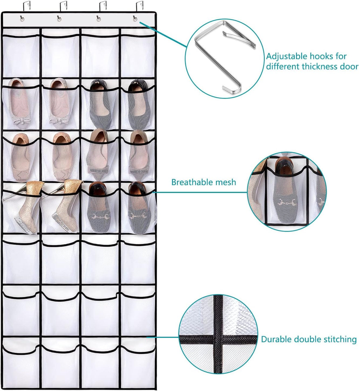 REGELETO 2 Pack 28 Pocket Over the Door Shoe Organizer, Hanging Shoe Rack for Door Large Capacity Shoe Organizer Holder with 4 Metal Hooks (White-2Pack)