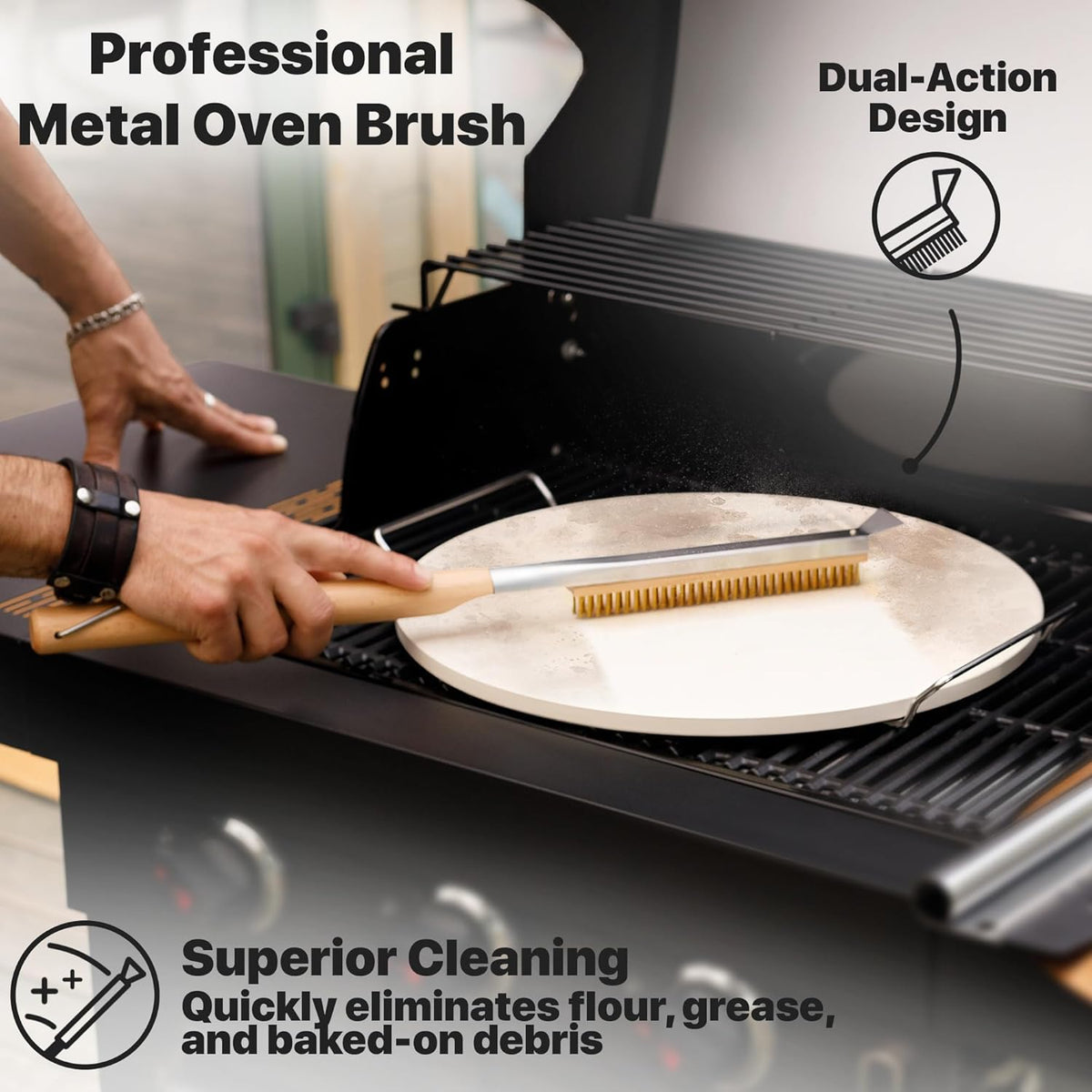 KitchenStar 16-inch Pizza Making Set, 4 Essential Tools - Pizza Stone + Stainless Steel Rack, Acacia Wood Pizza Peel, Pizza Cutter Rocker + Protective Cover, Metal Brush - Oven & Grill Accessories Kit
