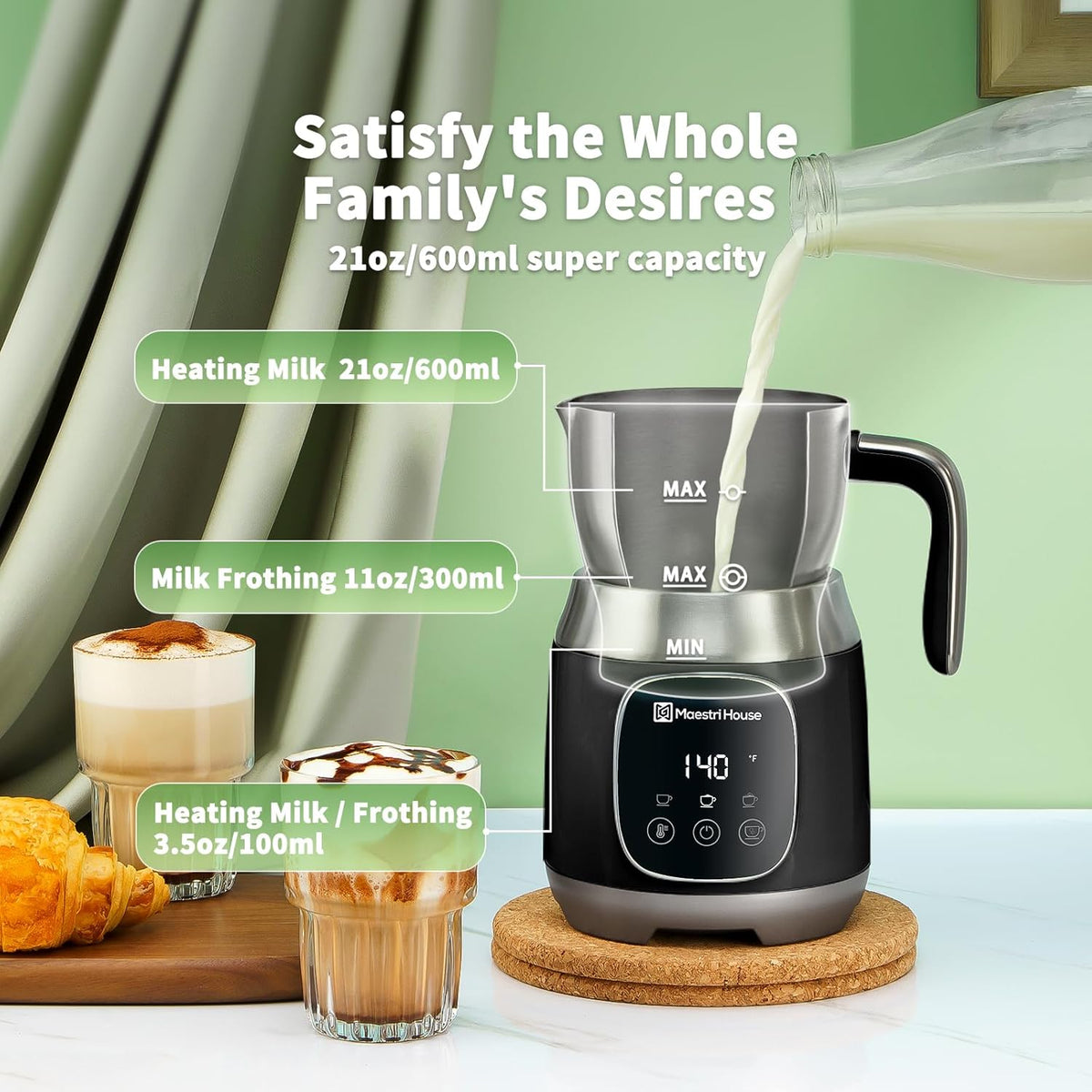 Maestri House Milk Frother, Variable Temp and Froth Thickness DualFro 600 Milk Frother Steamer, 21OZ Smart Touch Control Milk Warmer, Dishwasher Safe, Memory Function for Latte&Hot Chocolate (Black)