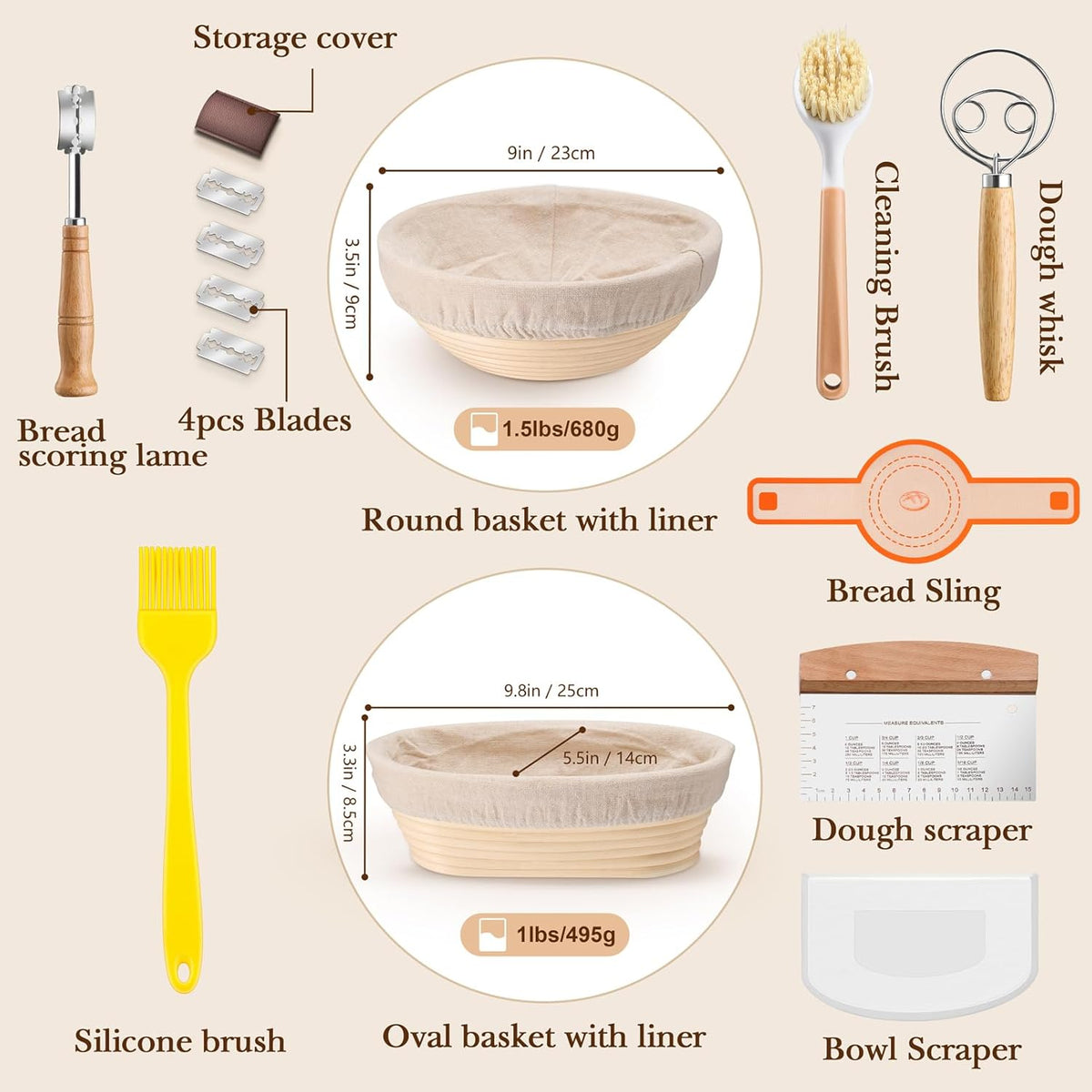 TeamFar Sourdough Bread Baking Supplies, 9” Round and 10” Oval Sourdough Starter Kit, Proofing Basket Set with Cloth Liner, Bread Lame, Whisk Dough, Bowl Scraper, Brush
