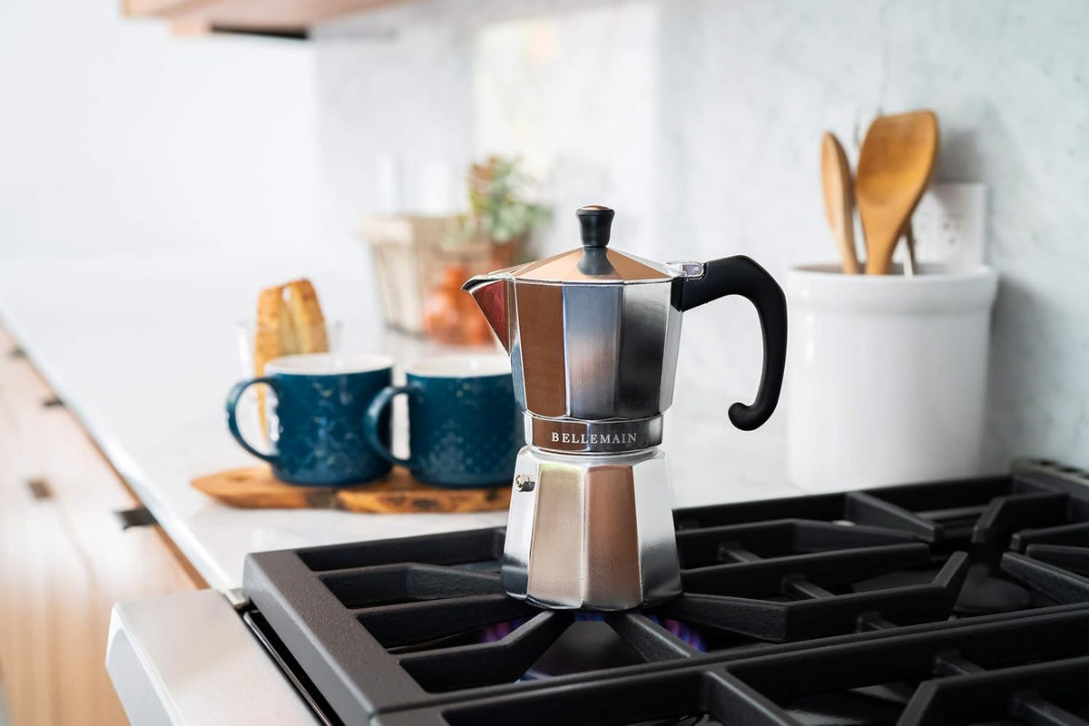 Bellemain Stovetop Espresso Maker | Italian Moka Pot Espresso Maker, Classic Aluminum Design Mocha Pot for Home Brewing & Camping | Easy to Use & Clean - 3-Cup, Silver