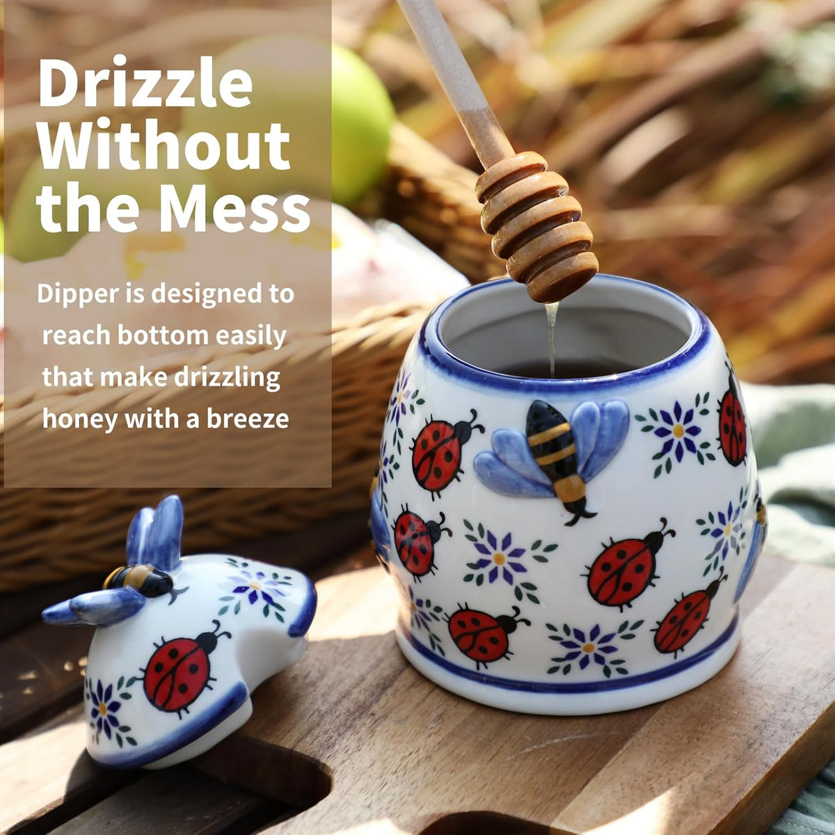 ZOOBEE Ceramic Honey Jar with Dipper and Lid,10oz Honey Pot with Embossed Bees, Handpainted Honey Container for Home Kitchen Decor, Dishwasher Safe- Summernight Ladybug