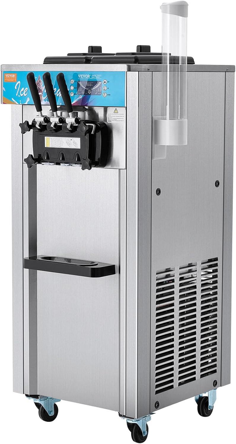 VEVOR Commercial Ice Cream Machine, 21-31 L/H Yield, 1800W 3-Flavor Freestanding Soft Serve Ice Cream Maker, 2 x 5.5L Stainless Steel Cylinder, LED Panel Auto Clean Pre-cooling, for Restaurant Bars