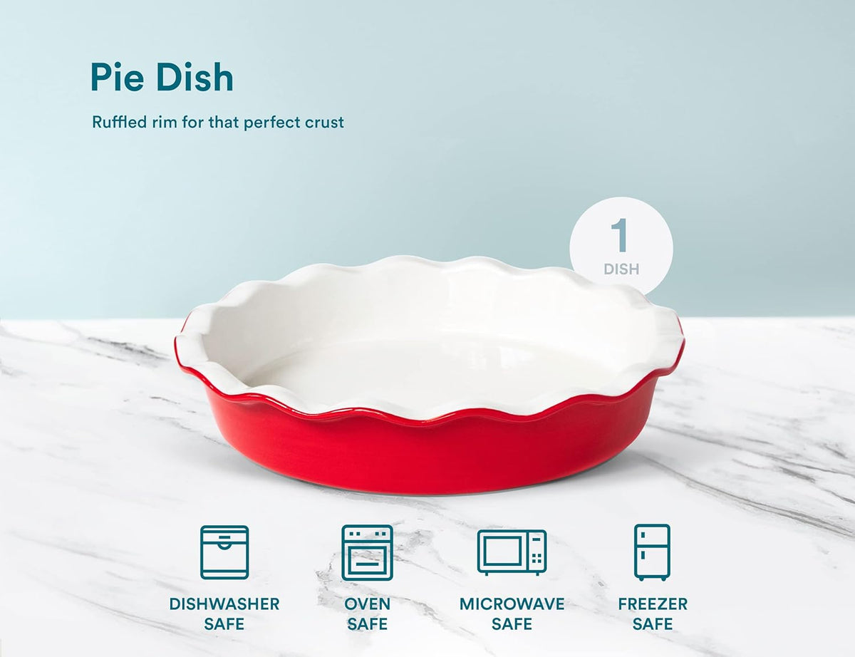 KooK Pie Dish, Pie Pan, Quiche Baking Dish, Ceramic Round, Deep Baking Dish, for Cakes, Tart, Microwave, Oven, Dishwasher Safe, 44 Oz, (Cherry)