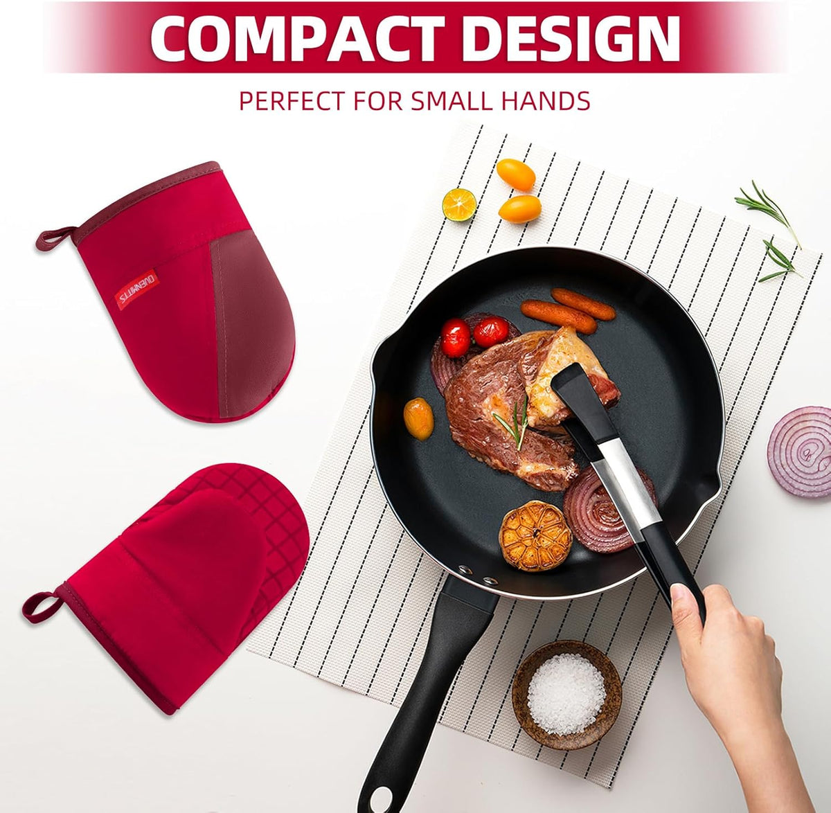 Mini Oven Mitts, Kitchen Oven Gloves Kitchen Mittens 500 Degrees Heat Resistant Baking Gloves, Non-Slip Silicone Surface with Hanging Loops Hot Gloves for Cooking, Baking, BBQ 1 Pair-Red