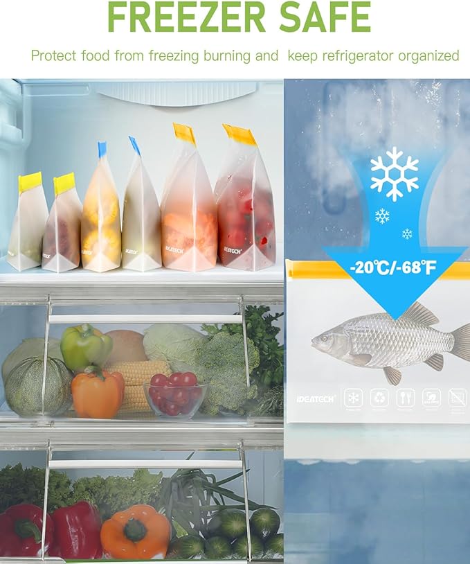 IDEATECH 10Pack Reusable Snack Bags Dishwasher Safe, Leakproof Reusable Freezer Bags, Food Freezer Storage Bags, Clear Small Resealable Baggies for Cookies, Candy (10Snack, Colored)