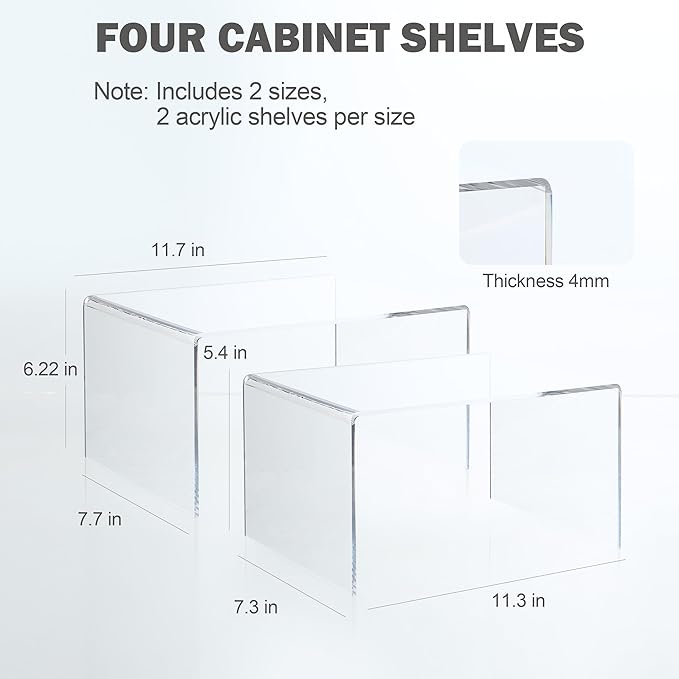 Acrylic Kitchen Cabinet Organizer Shelf, Spice Rack, Plate and Cupboard Storage Riser, Versatile Pantry Shelf, Durable Clear Countertop Organizer for Home and Kitchen(4 PCS)