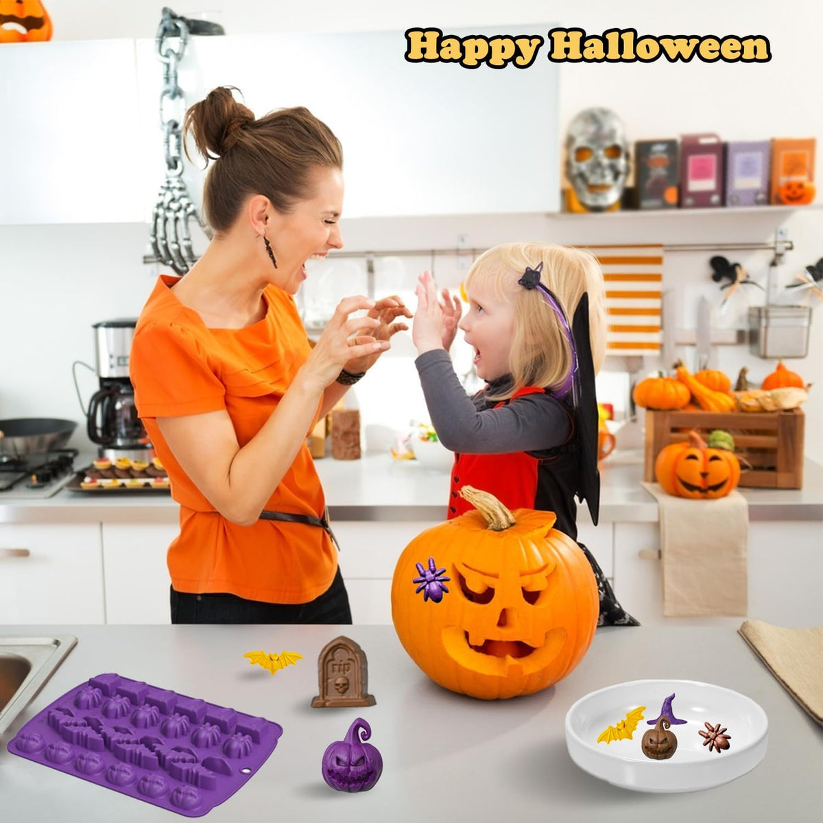 Halloween Chocolate Mold Silicone,30 Cavity Candy Gummy Mold with Pumpkin Wizard Hat Bat Spider Tombstone for Baking Chocolate Jelly Gummy Dessert
