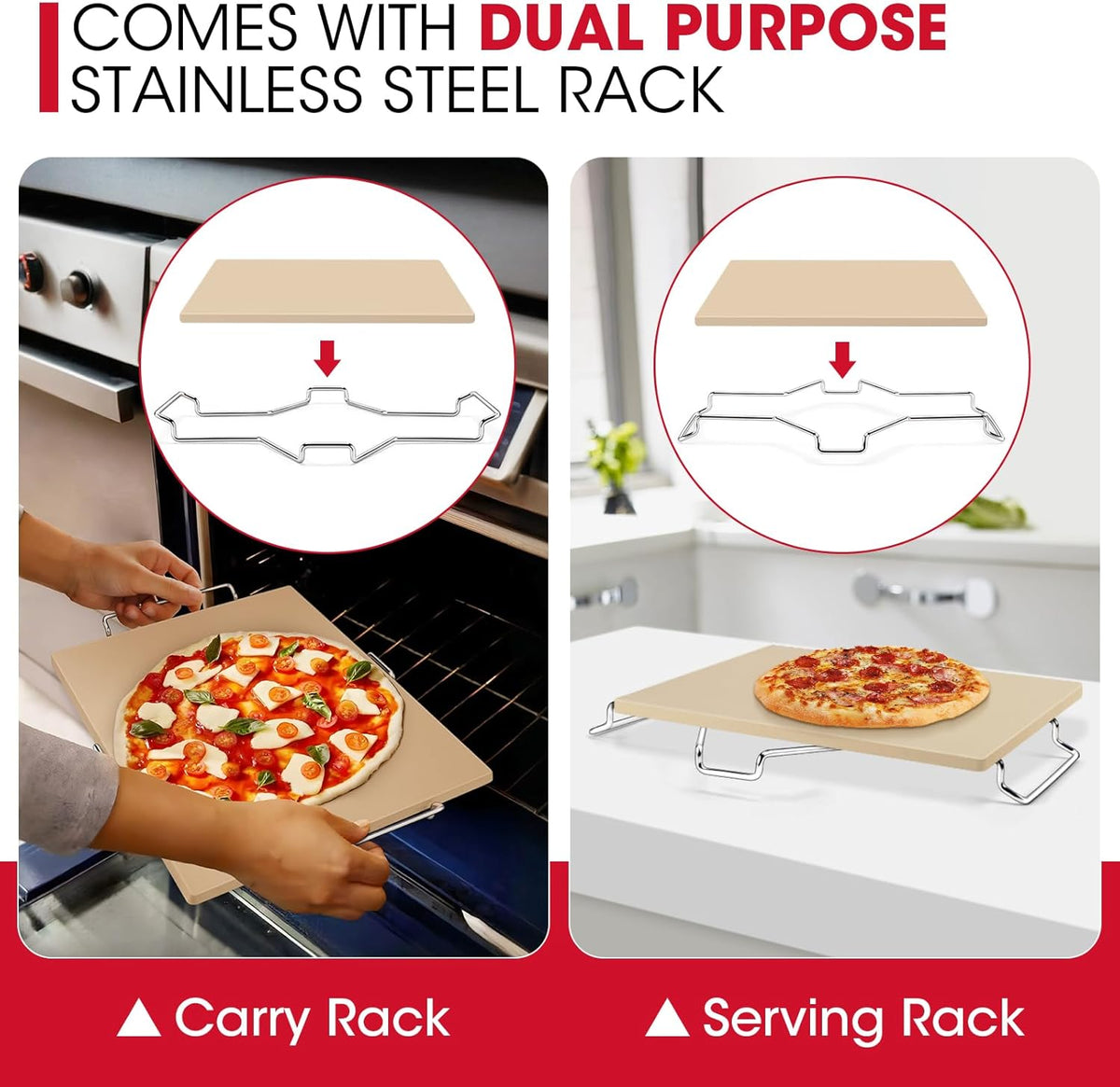 Unicook Pizza Stone for Oven and Grill, 16 x 14 Inch Rectangular Baking Stone for Bread, Cordierite Pizza Pan for Baking Crispy Bread and Cookies, Includes Carry Rack and Dough Scraper