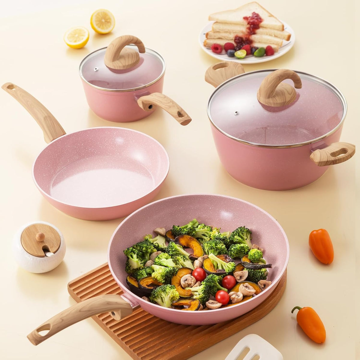 Non Stick Pots and Pans Set, Healthy Ceramic Cookware Set, 12pcs Kitchen Cooking Pots and Frying Sauce Saute Pans Set, PFAS-Free with Kitchen Utensils and Lid, Pink