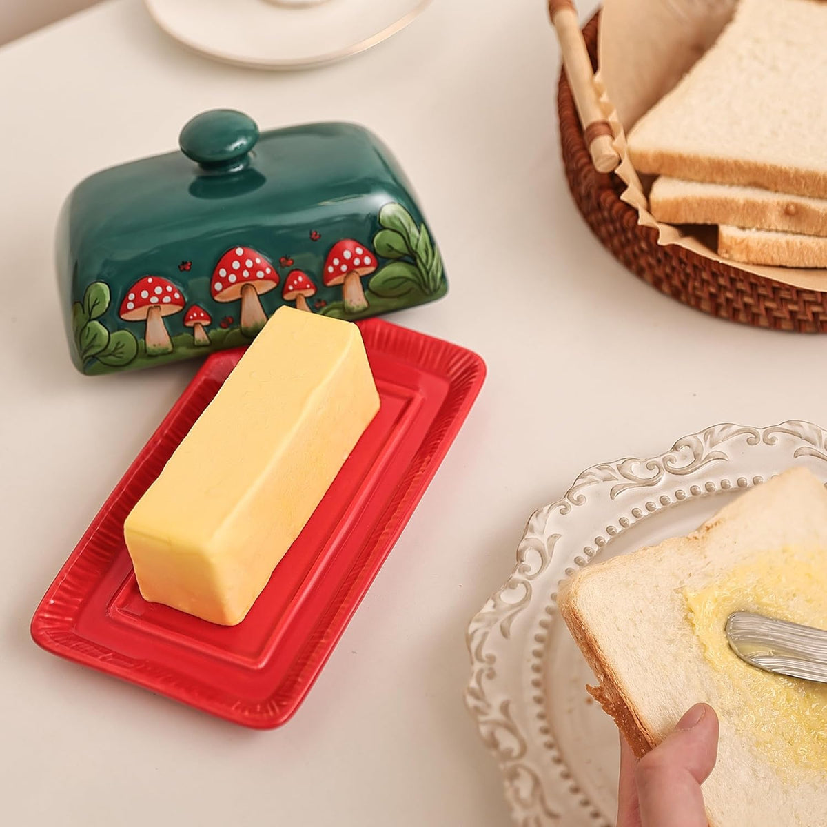 Fungi Fun Mushroom Butter Dish With Lid – Cute Cottagecore Ceramic Storage Container, Vintage French Covered Tray, Boho Farmhouse Kitchen Decor Gift, Unique Countertop Holder (Dark Green, Standard)