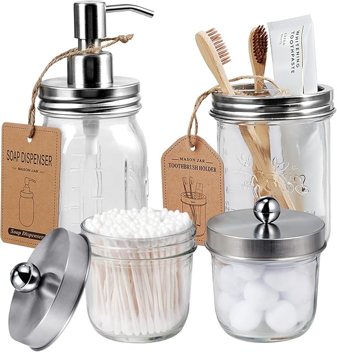 Amolliar Mason Jar Bathroom Accessories Set(4 Pack) - Lotion Soap Dispenser&Qtip Holder Set&Toothbrush Holder-Rustic Farmhouse Decor Apothecary Jar Bathroom Countertop,Vanity Organize (Brushed Nickel)
