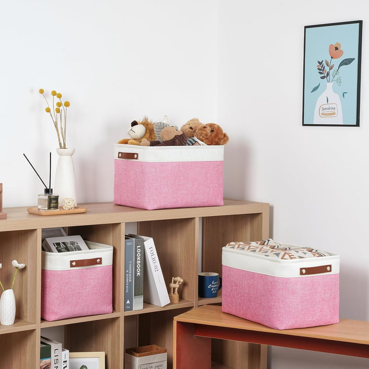 DULLEMELO Storage Baskets for Organizing, Shelves,Bedroom, Decorative Storage Bins with Faux Leather Handles, Fabric Storage Basket for Office, Toys(3-Pack, White&Pink)