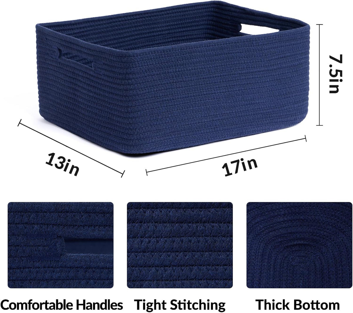 Large Storage Baskets for Shelves, Closet Organizers Bins for Clothes Blanket Towels, Baby Nursery, Toy Baskets Box, Woven Rope Baskets, 17 x 13 x 7.5”, 2 Packs Navy Blue