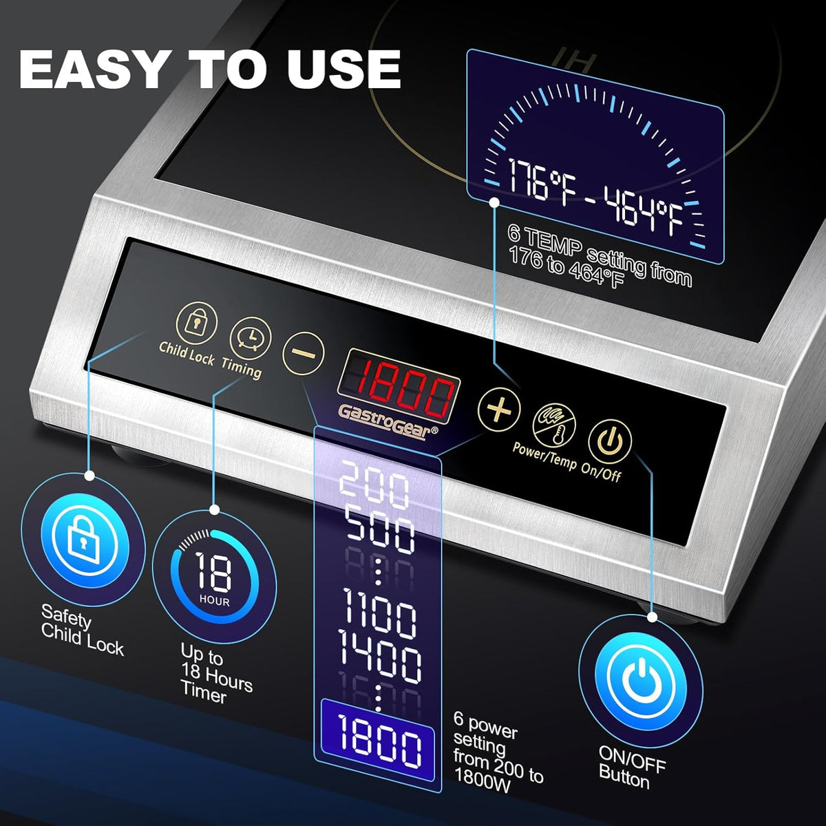 Induction Cooktop, Commercial Electric Stove with 17 Power Levels, 200-1800W, 176~464°F, Child Safety Lock, 18-hour Timer, 1800W Induction Hot Plate Burners for Cooking