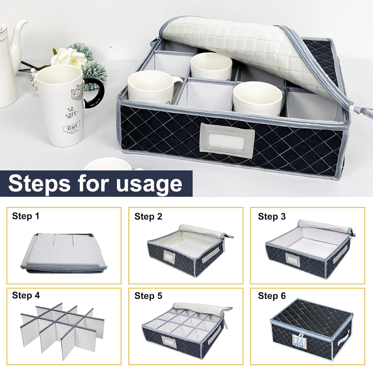 Wine Glass and Mug Storage Box with Dividers - 2 Pack China Storage Containers Set Holds 24 Glassware , Stemware，Coffee Mug and Tea Cup, Organizer Bin with Sturdy Metal Zipper,Label and Handles (Grey)