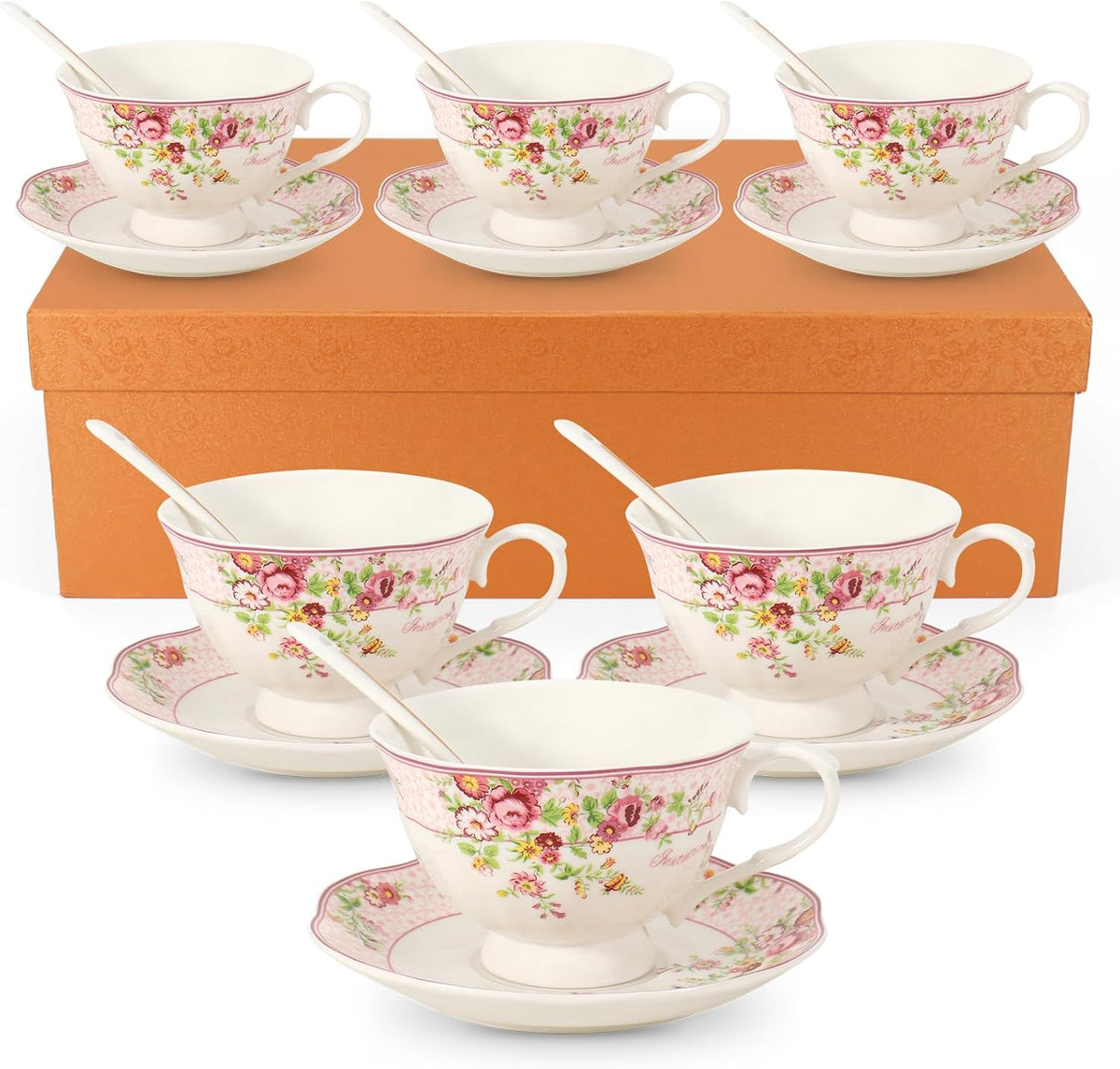 Cup and Saucer Sets of 6 with Spoon, 8oz Ceramic Tea Cups Saucers Set Porcelain New Bone China Floral Vintage Coffee Cup & Saucer Sets -Microwave Dishwasher Safe (Pink)