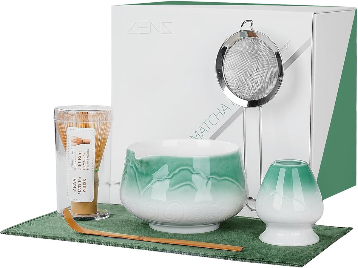 ZENS Matcha Whisk Set, Ceramic Matcha Set Includes Matcha Bowl, Matcha Whisk and Holder, Bamboo Scoop, Stainless Sifter & Tea Towel - 6Pcs Matcha Kit for Matcha Ceremony, Blue
