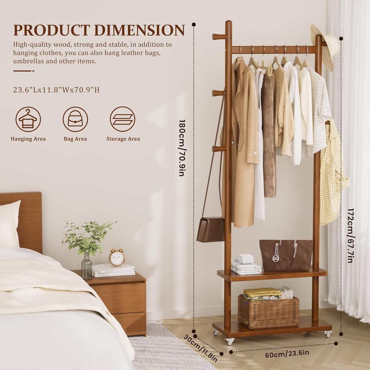 Coat Rack Freestanding Clothing Rack with Wheels & 2 Shelves Storage & 5 Hooks Heavy Duty Clothes Rack Wood Coat Tree Stand Hat Hanger Rack for Corner Bedroom Entryway Living Room Hotel Size L