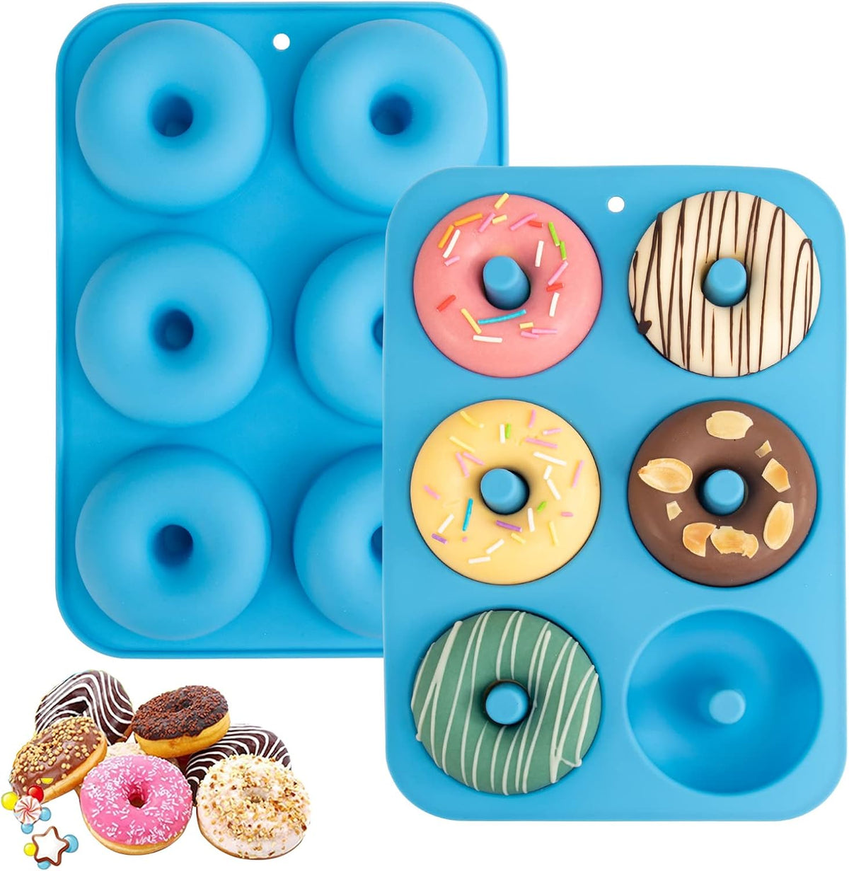 Aichoof Silicone Donut Mold for 6 Doughnuts, Set of 2. Food Grade LFGB Silicone Bagels Baking Pan, Non-Stick, Dishwasher Safe, Heat Resistant and Microwave Safe(Blue)