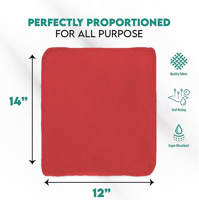 ZUPERIA Cotton Shop Towel – Multipurpose Cleaning Cloths (14" x 12" - Pack of 100 - Red) Reusable Shop Rags for Automobiles, Industrial, Restaurants, Garage, and Homes