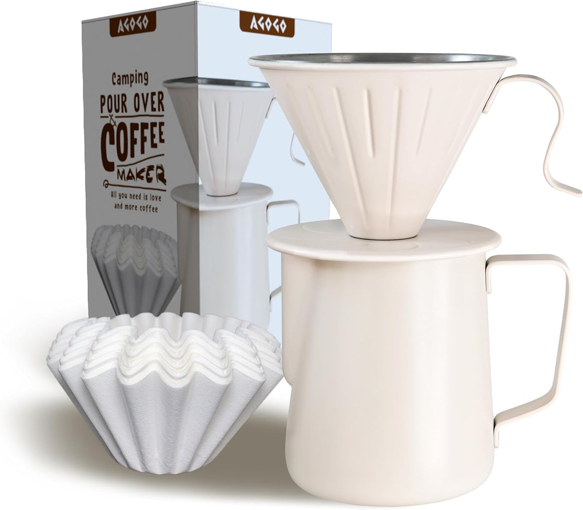 AGOGO Camping Pour Over Coffeemaker Set with Paper Filter Stainless Steel (Cream, 600ml)