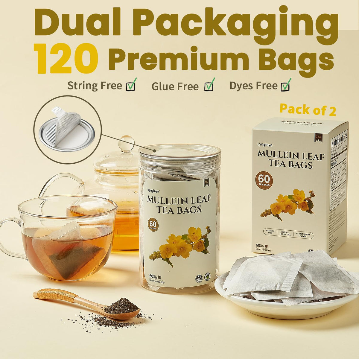 Lynginya Mullein Leaf Tea Bags, 60 Tea Bags (Pack of 2) - Premium Mullein Leaf - Natural Herbal Tea - Earthy & Mild - No Sugar & No Caffeine - Total 120 Bags