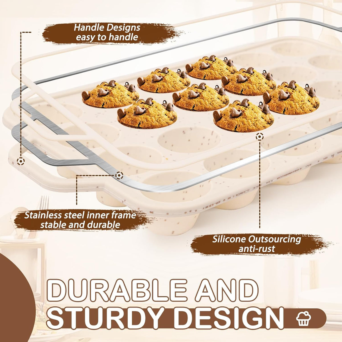 Silicone Mini Muffin Pan, 24 Cups Muffin Tin Baking Mold With Reinforced Stainless Steel Frame Inside, Nonstick Bakeware Cupcake Pan BPA Free