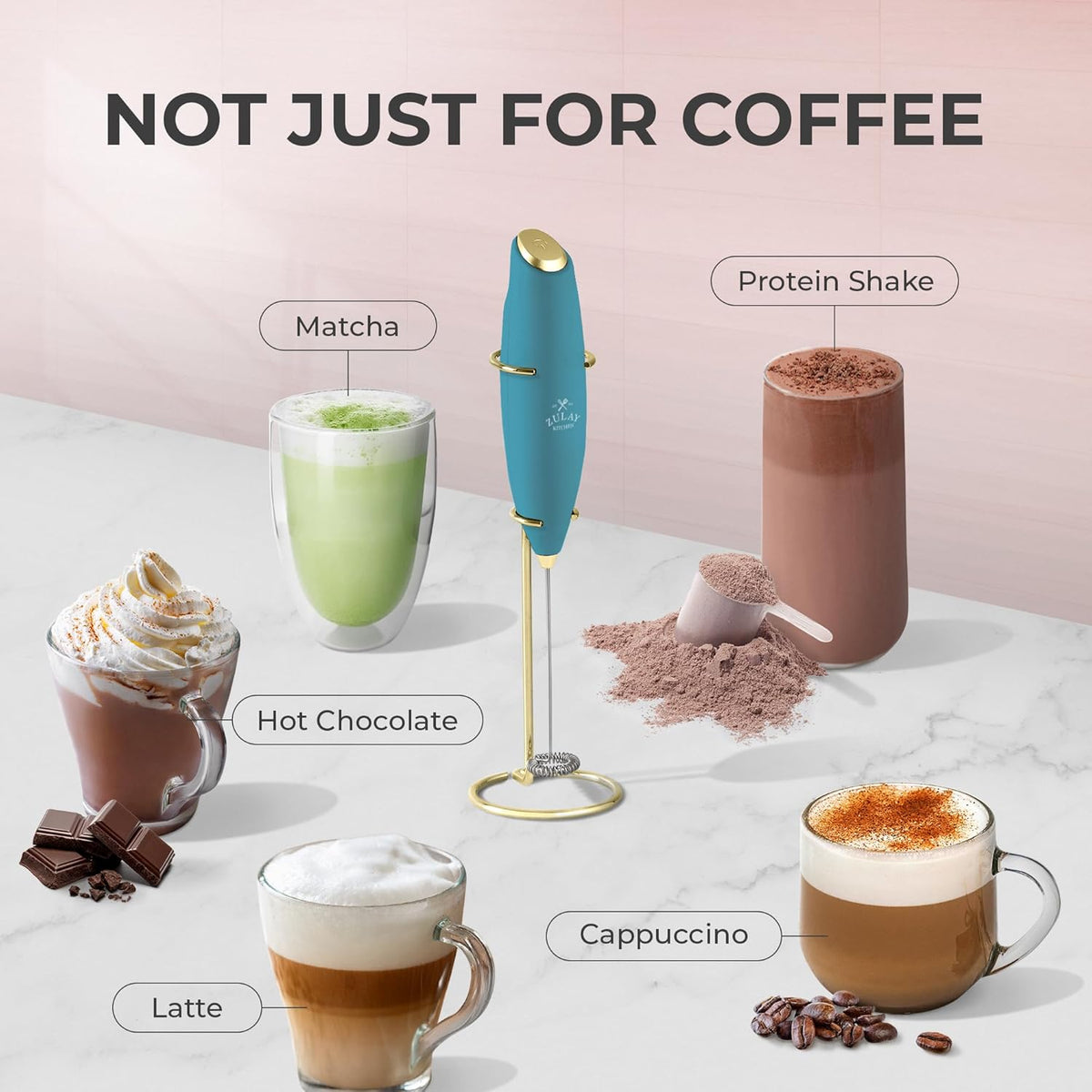 Zulay Kitchen Powerful Milk Frother Wand With 4 AA Duracell Batteries - Ultra Fast Handheld Drink Mixer - Electric Whisk Foam Maker for Coffee, Lattes, Cappuccino, Matcha & Creamer -