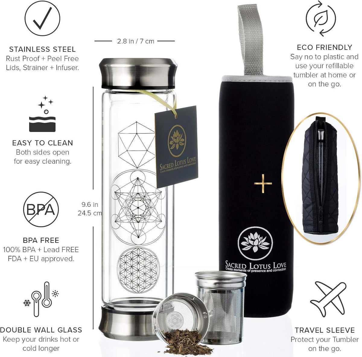 Sacred Lotus Love Double-Walled Glass Tea Infuser Bottle - Portable Travel Mug with Strainer and Sleeve for Loose Leaf Tea, Coffee, Smoothies - Insulated Tumbler with Lid for Hot and Iced Beverages