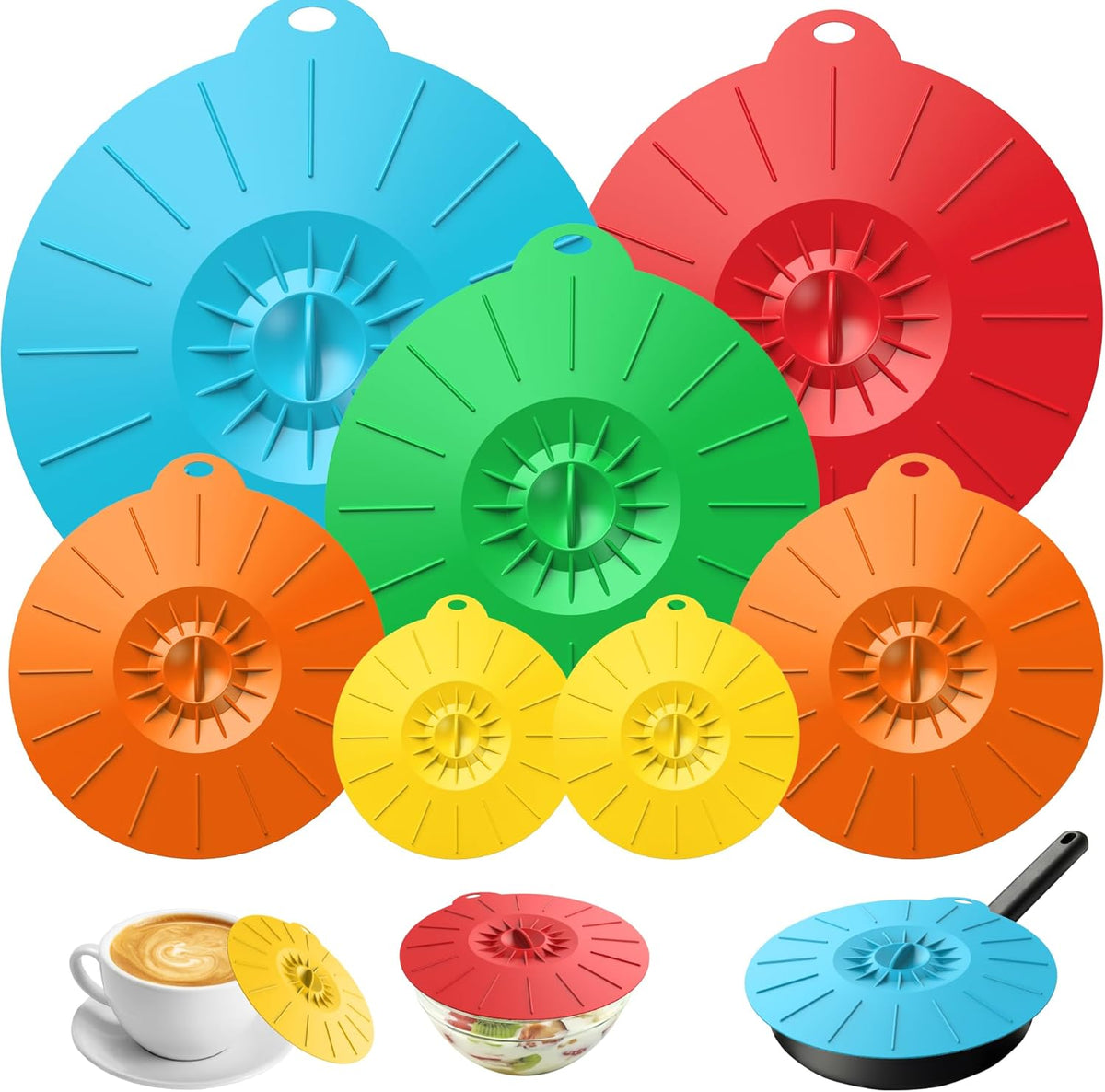 7 Pack Silicone Lids, Microwave Splatter Cover, 5 Sizes Reusable Heat Resistant Food Suction Lids fits Cups, Bowls, Plates, Pots, Pans, Skillets, Stove Top, Oven, Fridge BPA Free