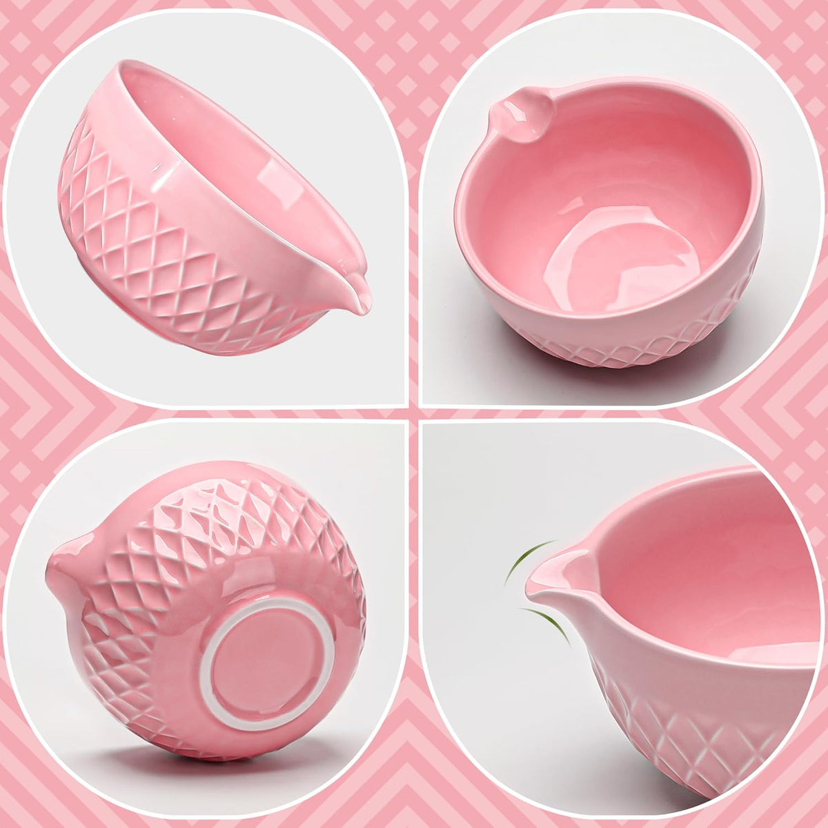 Matcha Whisk Set, 7 Pcs Matcha Kit, Ceramic Matcha Set Includes Matcha Bowl with Spout, Matcha Whisk and Holder, Bamboo Scoop, Scoop Rest, Sifter and Tea Towel (Cherry Blossom Pink)