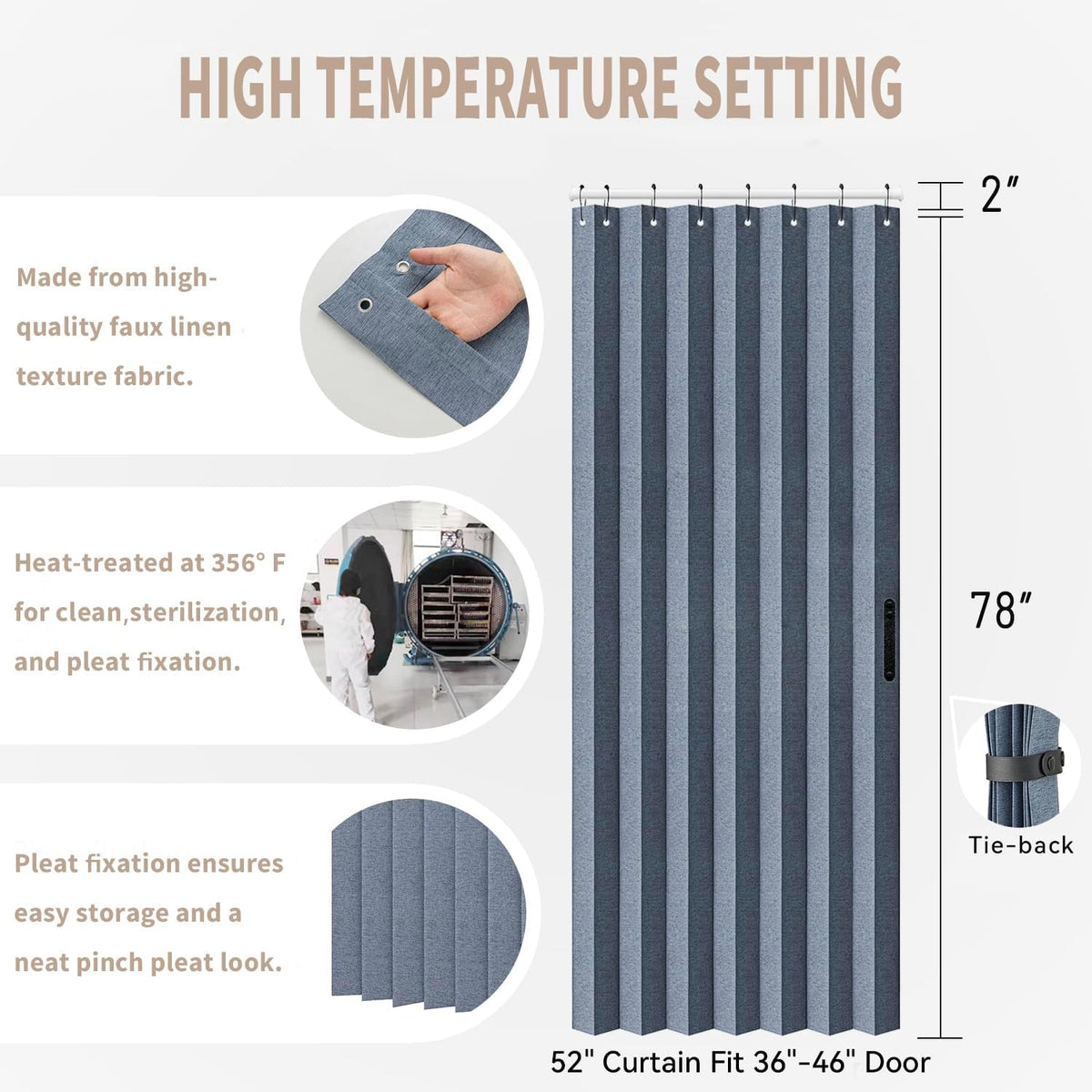 Vatge Door Curtains for Doorways - Faux Linen Accordion Style Door Curtains for Open Closet, Bedroom, and Laundry Room, Bifold Door Cover for Doorway,1 Panel with Tieback, W52 x L78, Blue