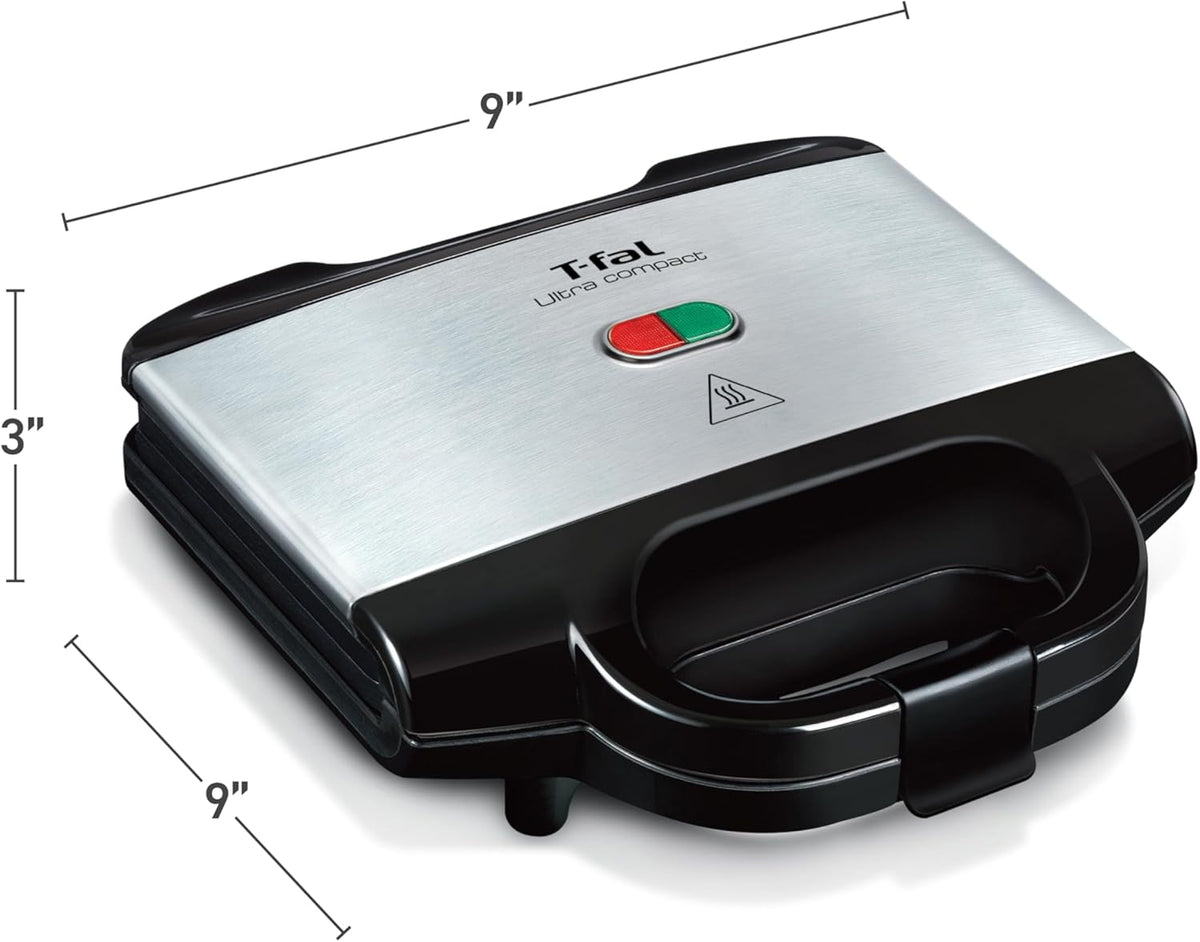 T-fal Compact Sandwich Maker, Stainless Steel, Easy to Clean, Indicator Lights, Cool Touch Handle, Grilled Cheese, Panini, 625 Watts, Black