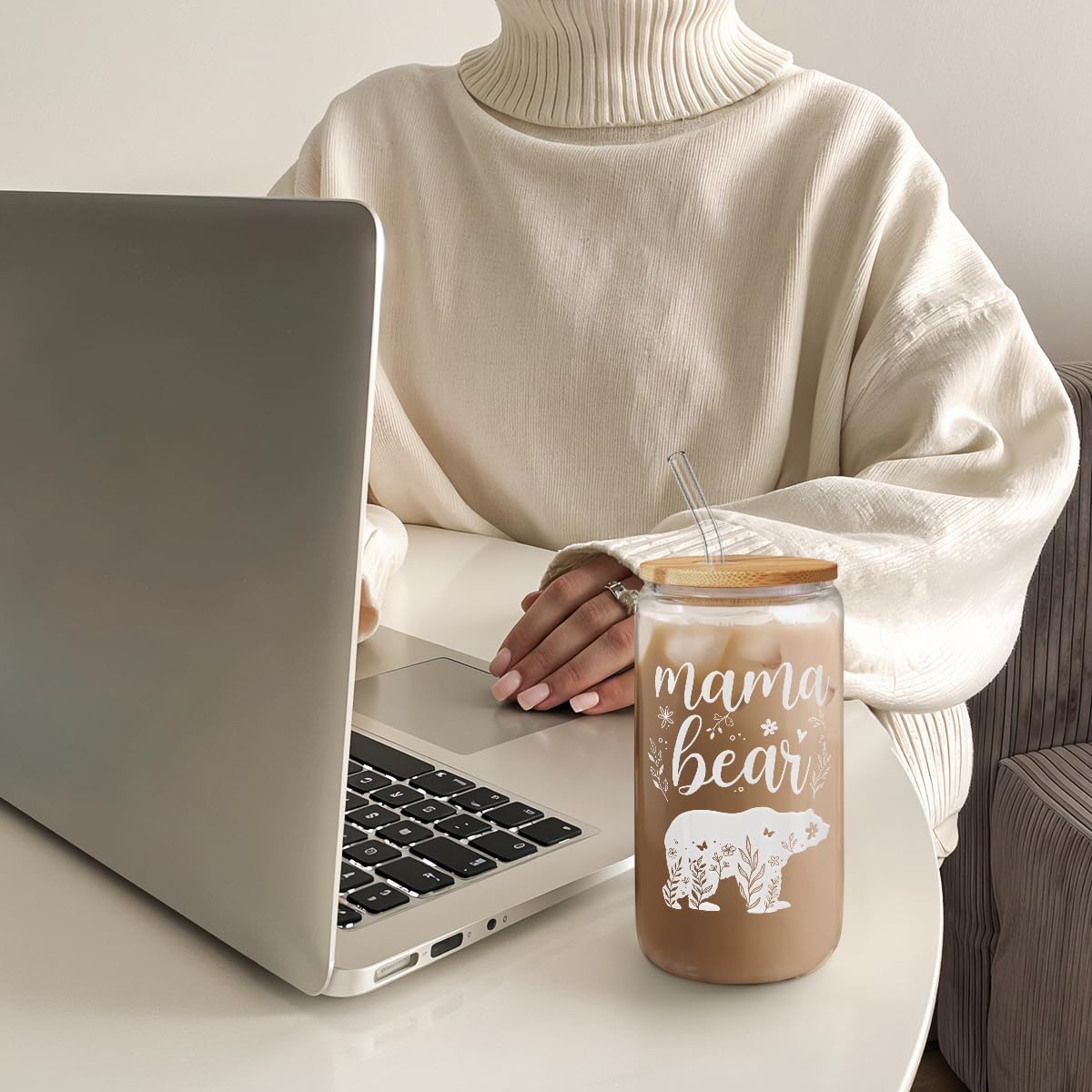 Mom Gifts - Mama Bear 16 Oz Can Glass Tumbler with Bamboo Lid and Straw - Iced Coffee Cups for Women, Aesthetic Glass Cup Gift for Birthday Christmas Mother's Day