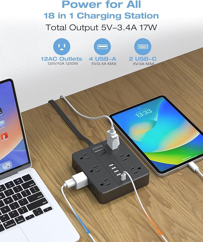 15FT Surge Protector Power Strip,12 AC Outlets with 6 USB Ports (2 USB-C), Flat Plug Extension Cord with Multiple Outlets, Wall Mount for Home Office,Dorm, Black