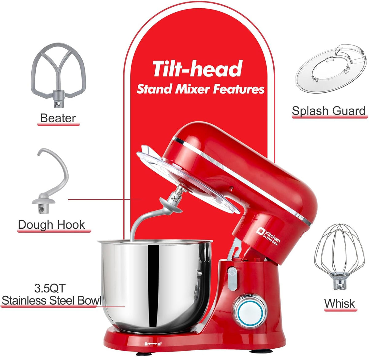 Kitchen in the Box Stand Mixer, 3.5 QT Small Electric Kitchen Mixer, 10-Speed Portable Lightweight Food Mixer with Stainless Steel Bowl, Egg Whisk, Dough Hook, Beater (Ruby Red)