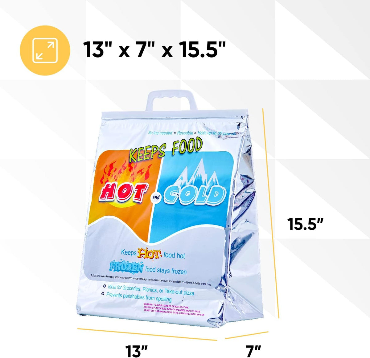 Superio Hot and Cold Insulated Bags for Food Delivery, Grocery Shopping Bags, Food Storage for Hot and Frozen Food for Travel, Disposable Cooler Bag, Reinforced Thermal Lunch Bag (5, 13"x7"x15.5")