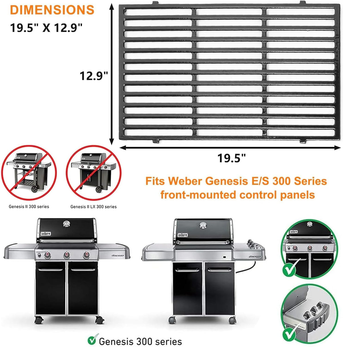 Uniflasy 19.5" Porcelain Enameled Cast Iron Grill Grates for Weber Genesis 300 Series, Genesis E310 E320 E330 S310 S320 S330 Gas Grills, Non-Stick Polished Grill Grates Replacement for Weber 7524 7528