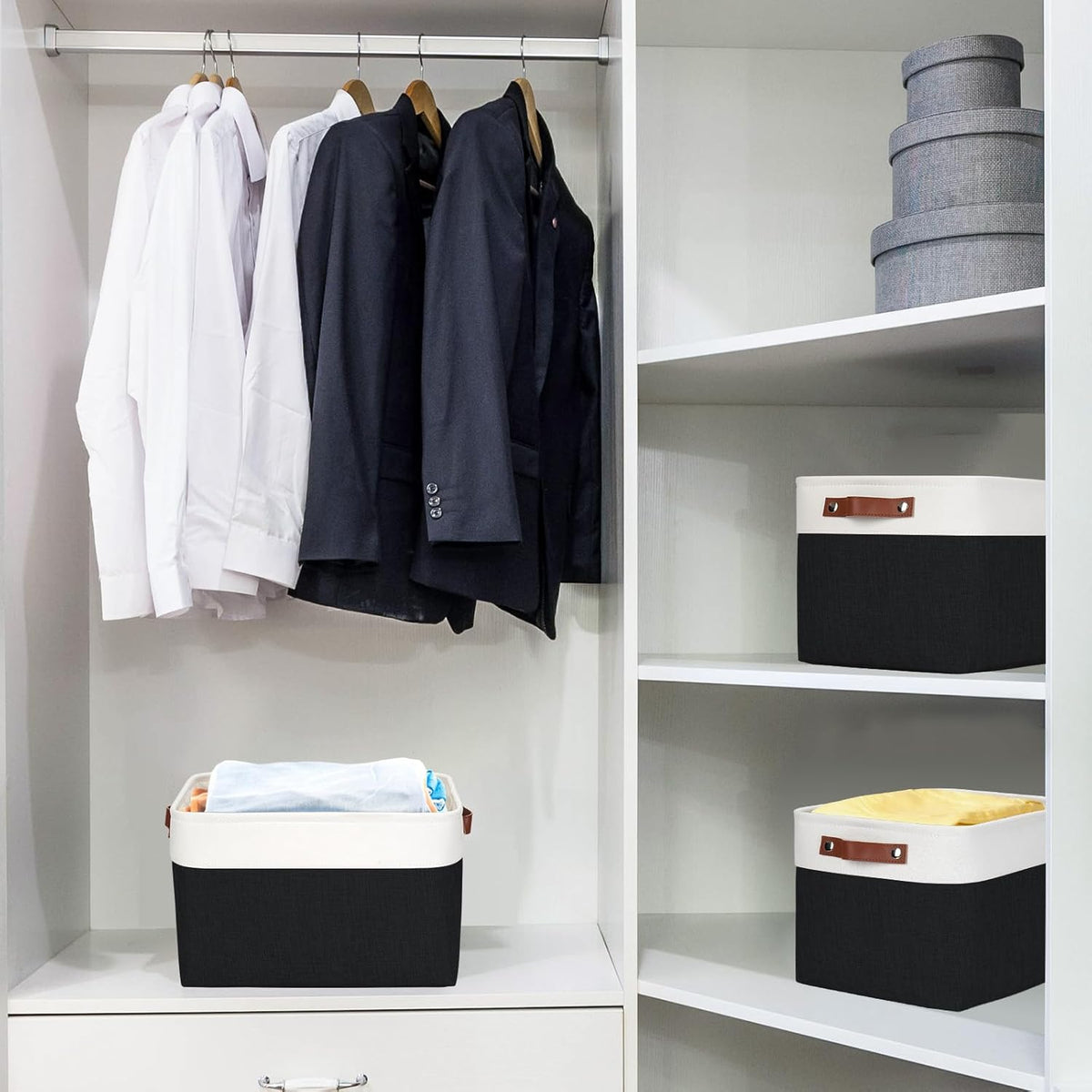 Storage Bins Large Fabric Storage Baskets for Shelves 3 Pack, Decorative Linen Closet Baskets with Handles for Organizing, Shelf, Clothes, Home, Office, 15x11x9.5Inches (Black&White)