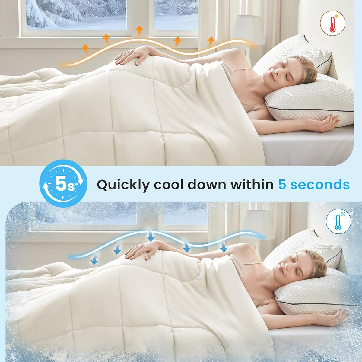 HYLEORY Cooling Comforter Queen Size - Summer Cooling Blanket for Hot Sleepers/Night Sweats, Double-Sided Cold Touch Silky Ice Comforters, Breathable Lightweight Beddings, Cool Cream, 90"x90"