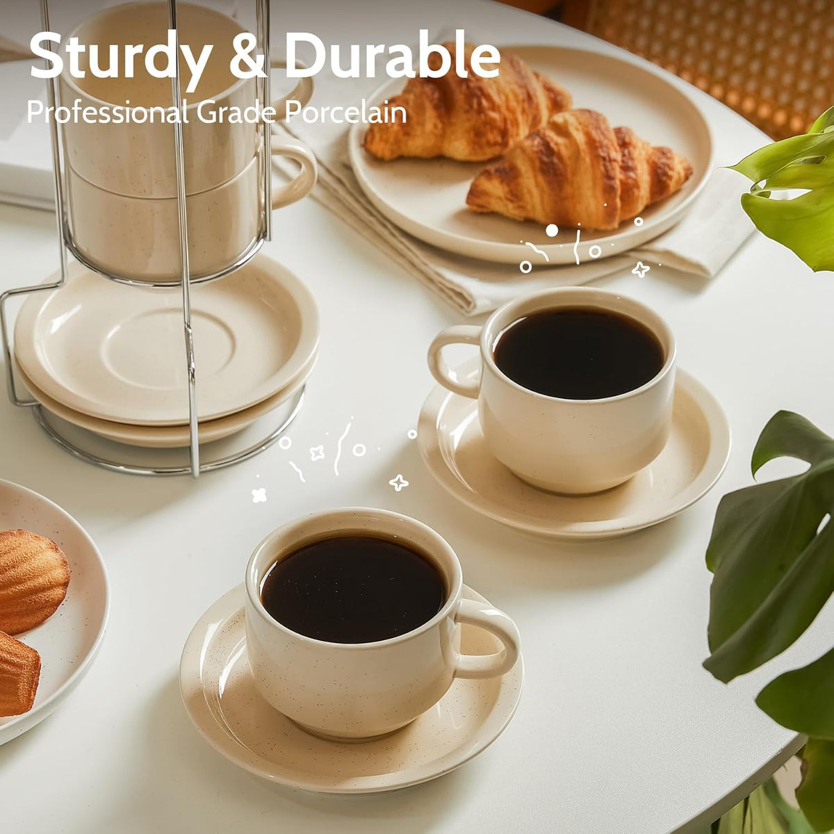Sweese Porcelain Espresso Cups Set, 2.5 oz, Stackable with Saucers Metal Stand, Beige, 4 Pack