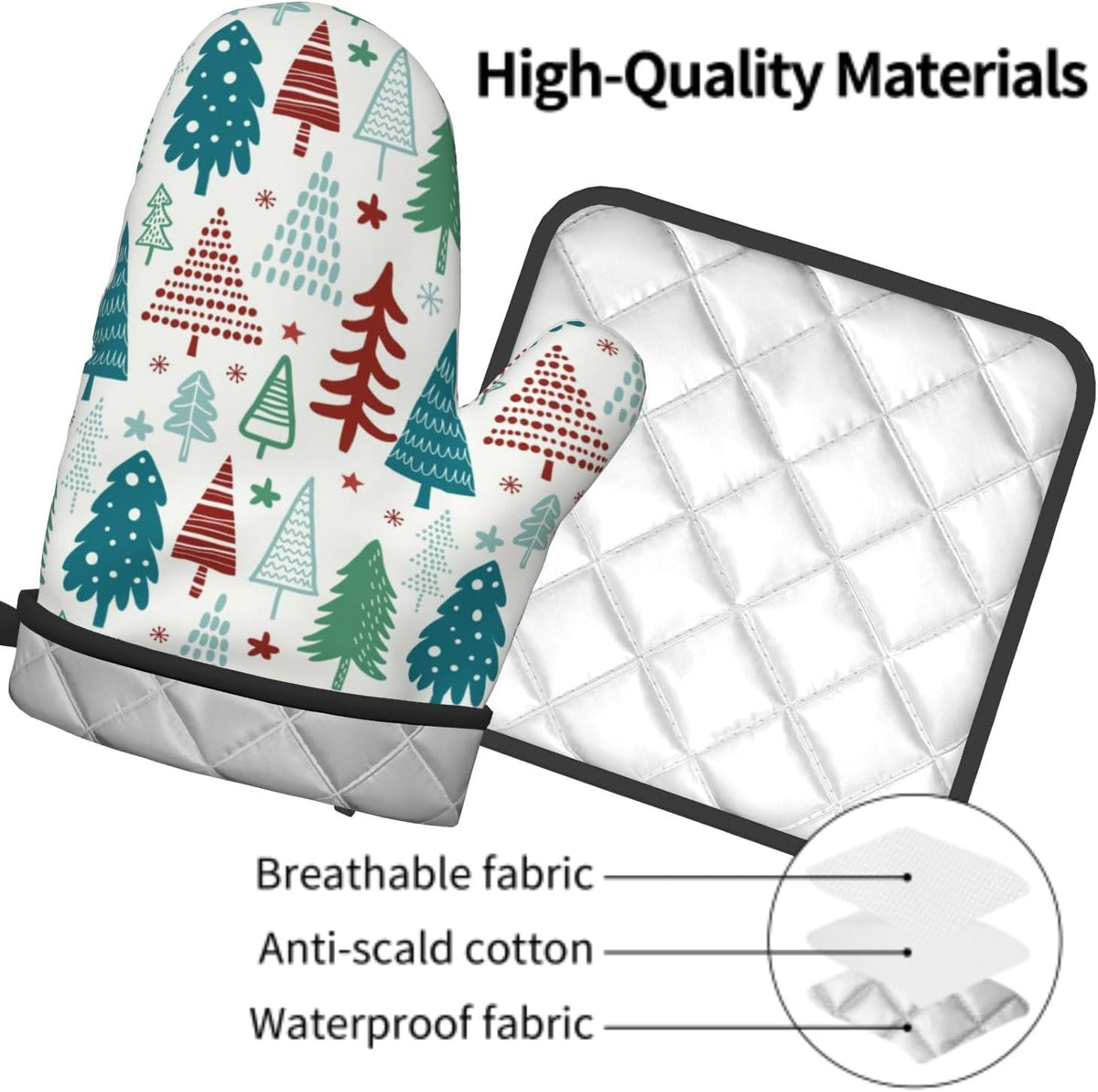 Pine Tree Oven Mitts and Pot Holder Set of 2 Winter Xmas Washable Kitchen Heat Resistant Gloves for Microwave BBQ Cooking Baking Grilling