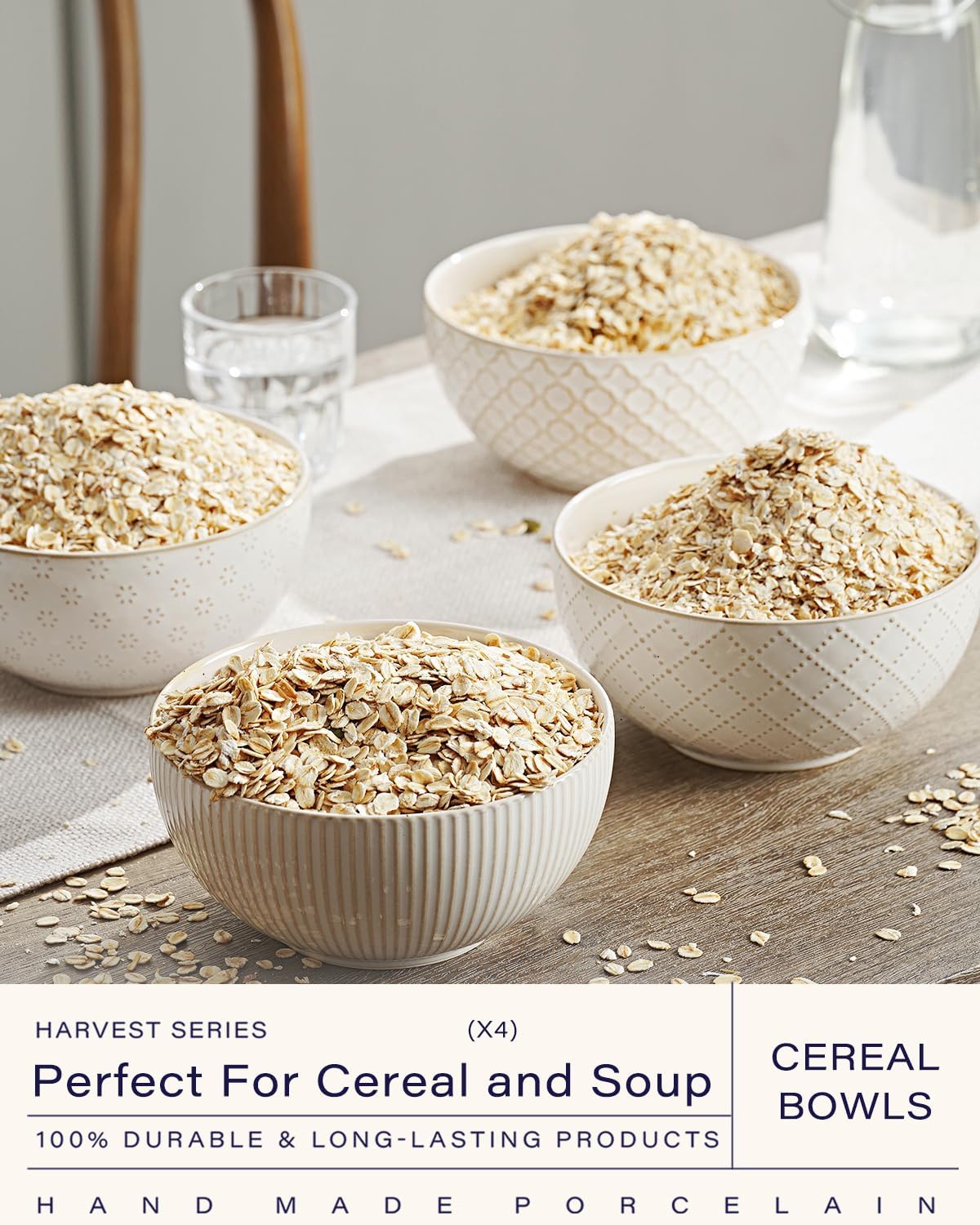 getstar Ceramic Soup Bowls, Cereal Bowl Set of 4 with Assorted Embossment (6.1 inch & 30 oz), Farmhouse Vintage Color Bowls for Kitchen