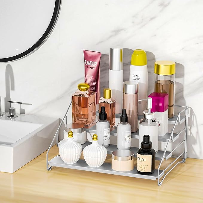 4 Tier Spice Rack for Cabinet, Spice Rack Organizer, Depth Adjustable Spice Organizer for Countertop, Cupboard, Pantry, Seasoning Shelf, Metal, Gray (1 Pack)