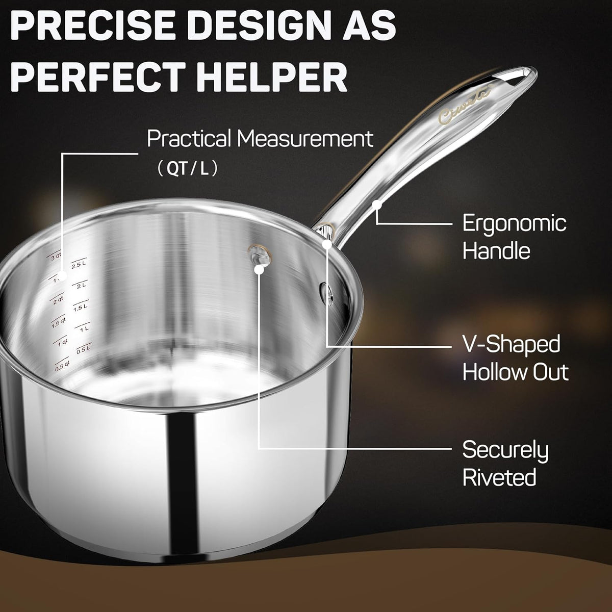 3 Qt Saucepan with Lid - Upgraded Package - 3 Quart 18/10 Stainless Steel Sauce Pan with Mirror Polishing and 2 Sacles, Induction Cookware, Small Pot for Cooking, Dishwasher Safe Oven Safe